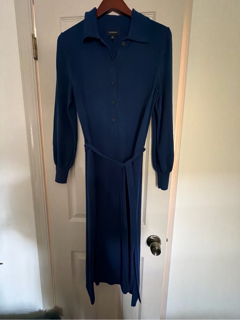 Banana Republic Navy Blue Long-Sleeve Midi Shirt Dress with Waist Tie